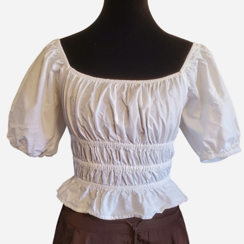 Sim & Sam White Cotton MilkMaid Top Puff Sleeve Size S Peasant Coquette Festival